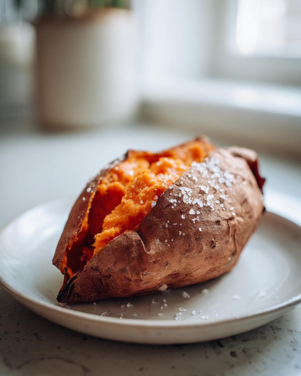 A perfectly fluffy baked sweet potato, split open and topped with coarse sea salt, resting on a white plate.