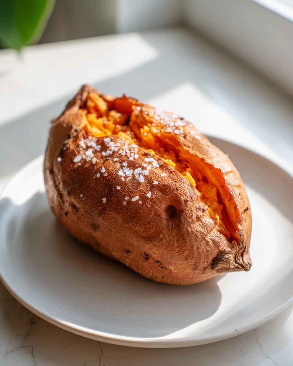 A perfectly cooked baked sweet potato, split open and sprinkled with flaky sea salt, sitting on a light plate.