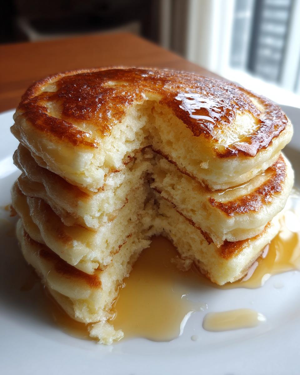 Close-up of a stack of four incredibly fluffy pancakes, drizzled with syrup, with a bite taken out to show the airy interior.