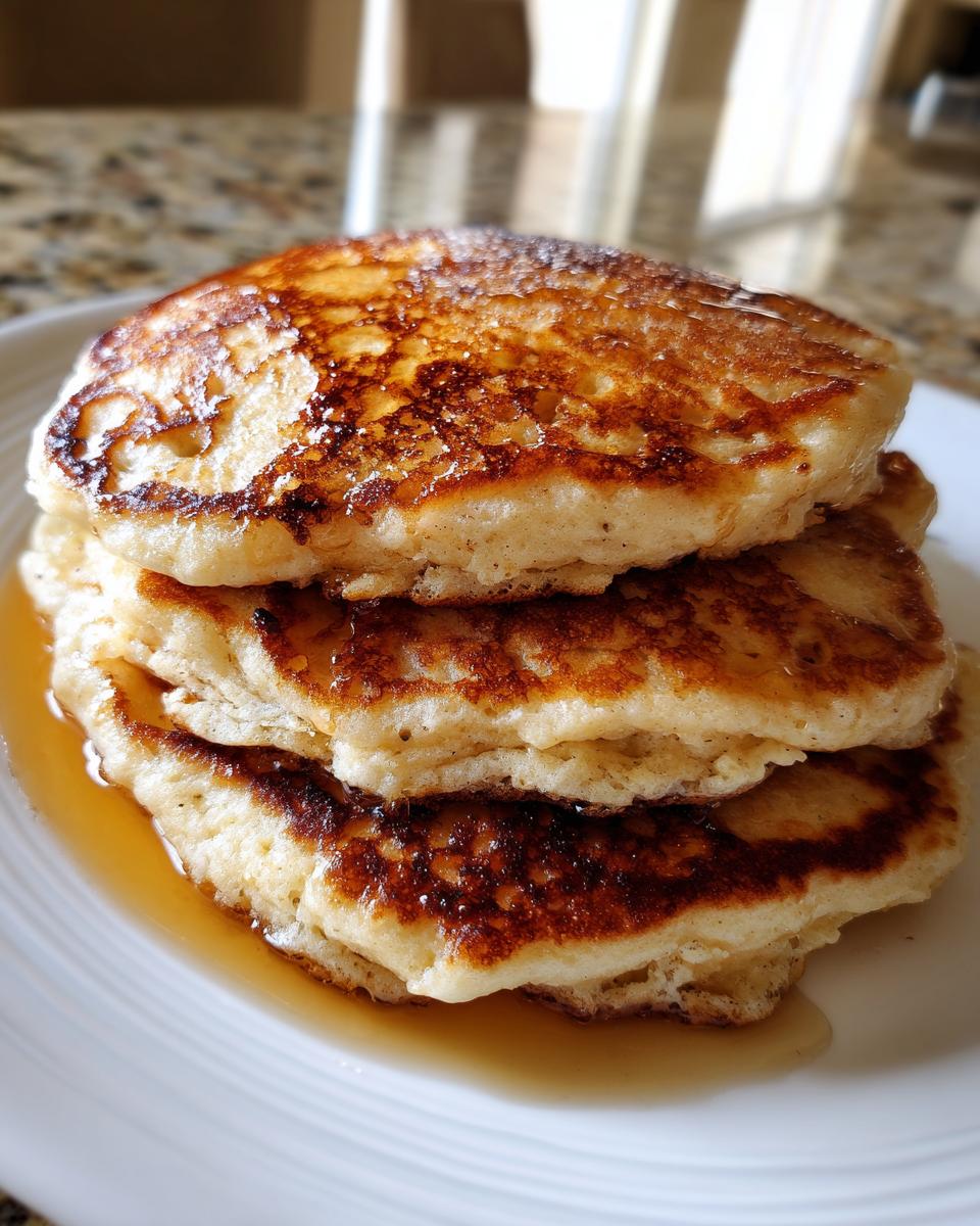 A close-up stack of three golden-brown, fluffy pancakes soaked in maple syrup on a white plate.