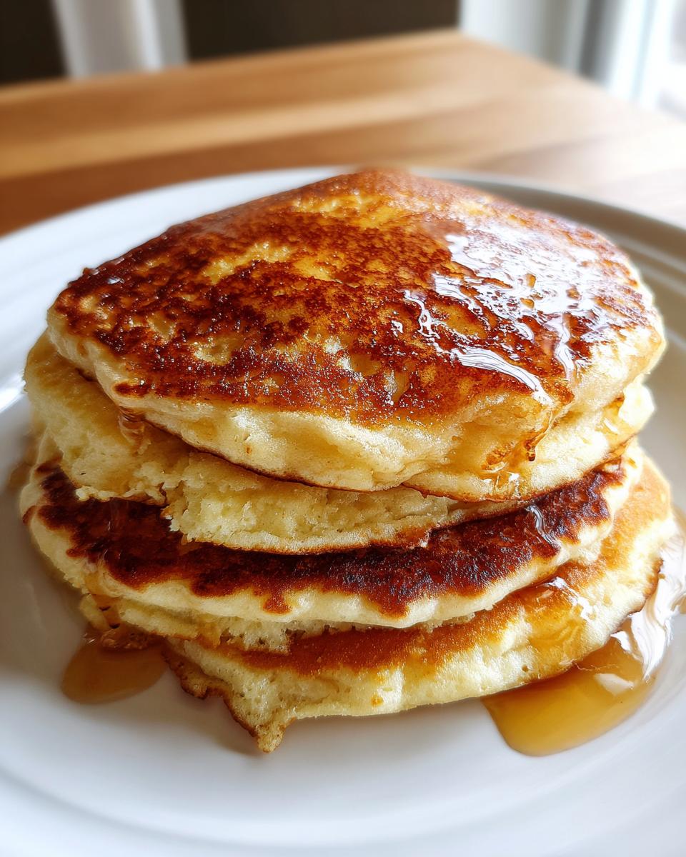 A close-up of a stack of three golden brown, fluffy pancakes topped with glistening syrup.