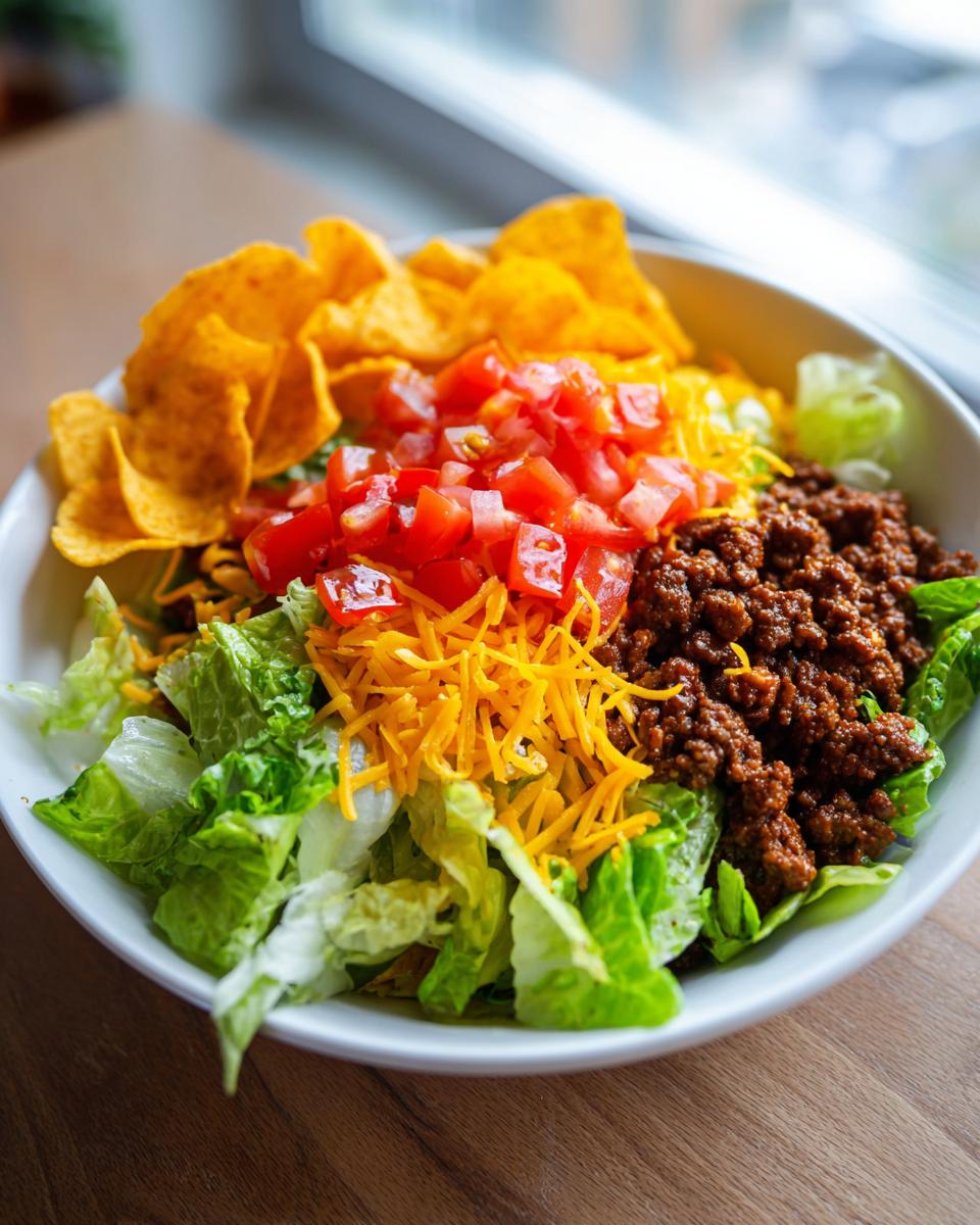 A bowl of fresh taco salad featuring lettuce, seasoned ground beef, shredded cheese, diced tomatoes, and tortilla chips.