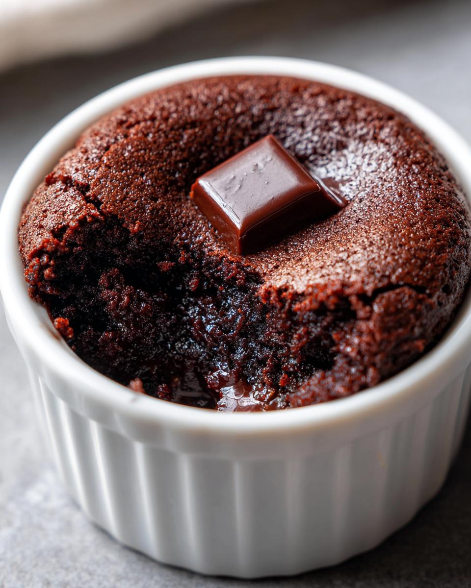 Close-up of a fudgy Cottage Cheese Microwave Brownie in a white ramekin, topped with a melting chocolate square.
