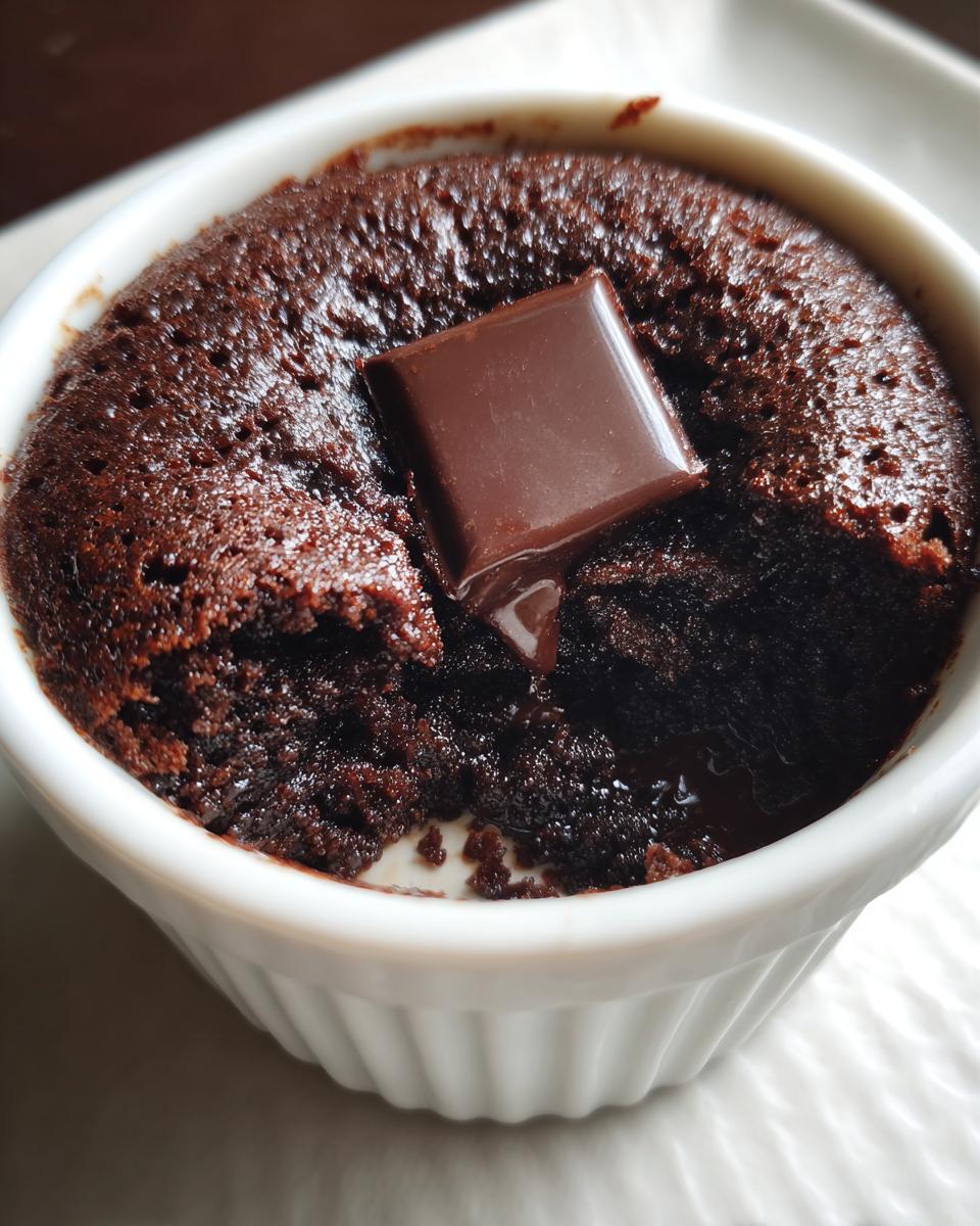 Close-up of a fudgy Cottage Cheese Microwave Brownie in a white ramekin, topped with a melting chocolate square.