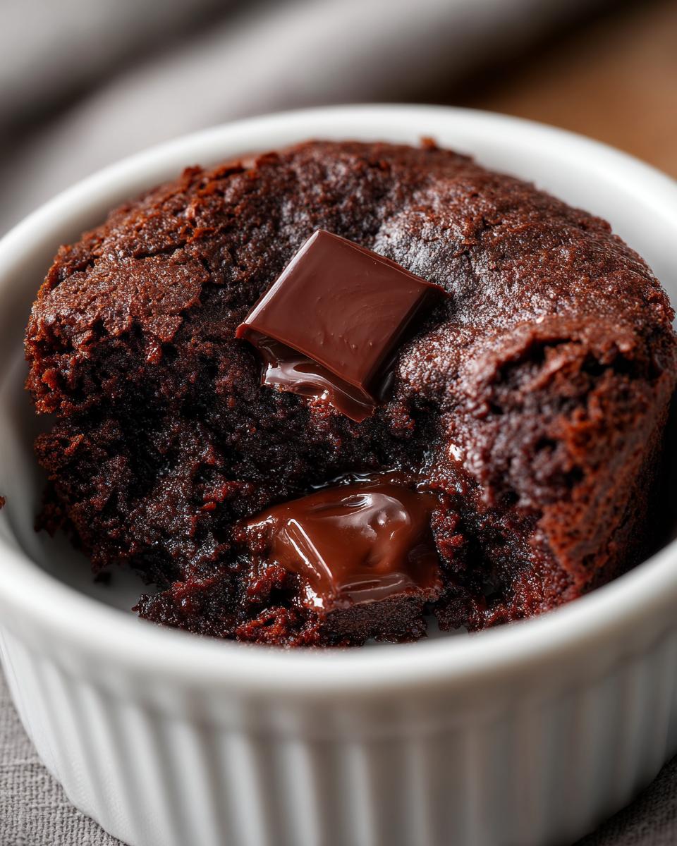 Close-up of a fudgy Cottage Cheese Microwave Brownie in a white ramekin with melting chocolate chunks.