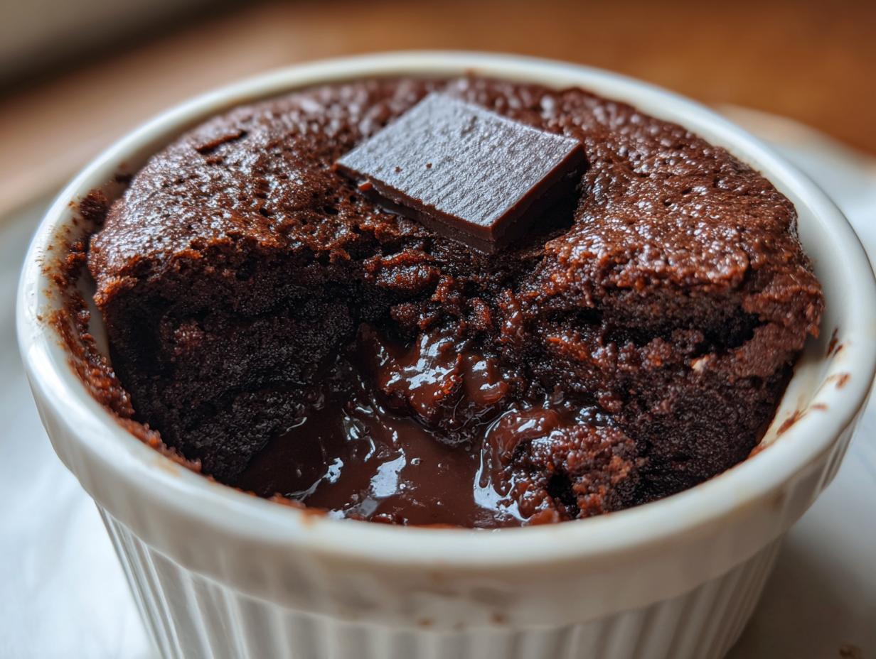 Close-up of a fudgy Cottage Cheese Microwave Brownie in a white ramekin with a molten chocolate center.