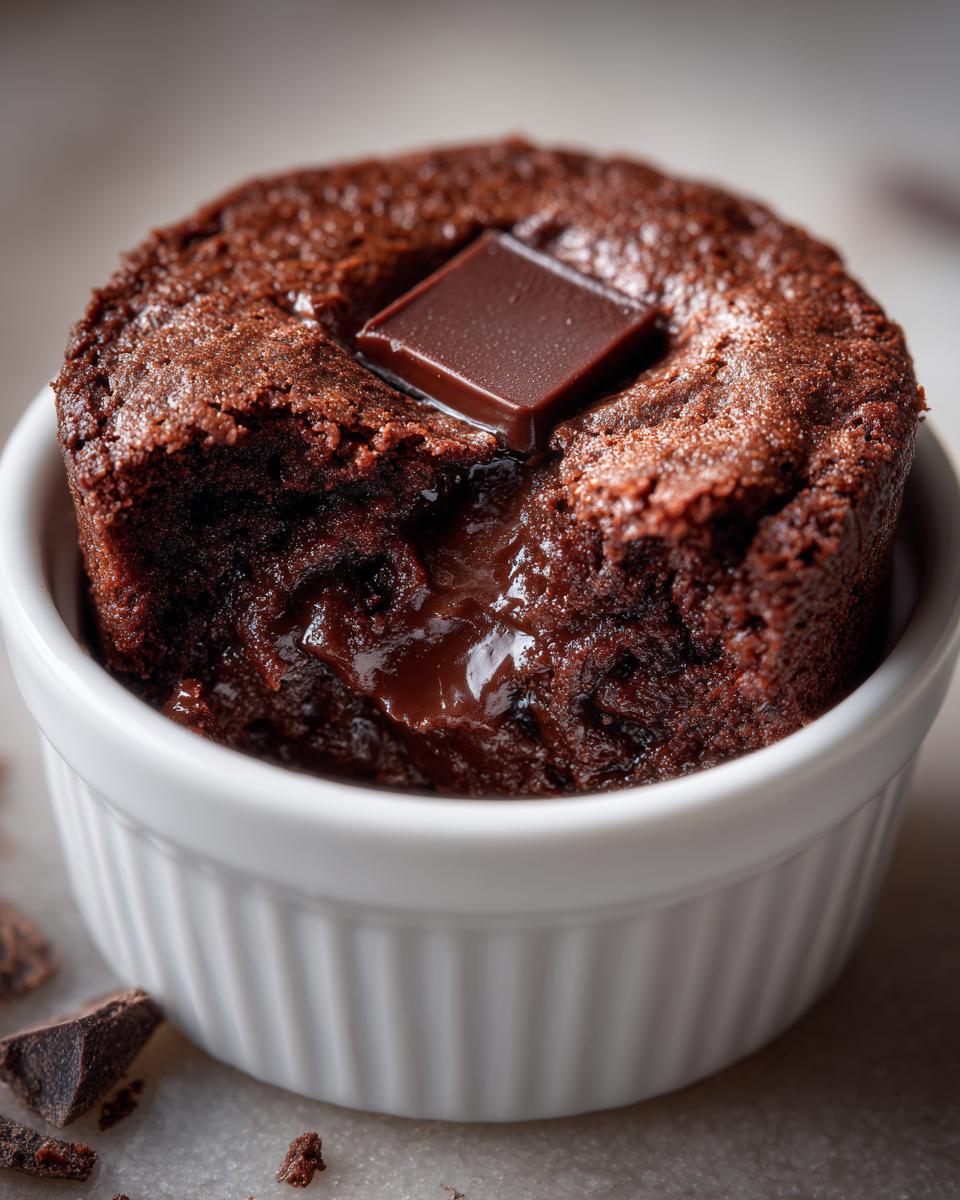 Close-up of a fudgy Cottage Cheese Microwave Brownie in a white ramekin with melted chocolate center.