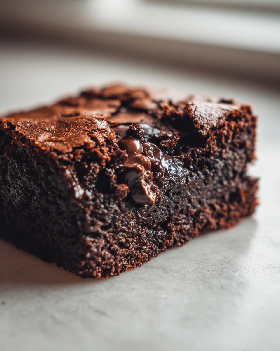 A close-up, macro shot of a fudgy piece of sweet potato brownies showing a gooey melted chocolate chip.