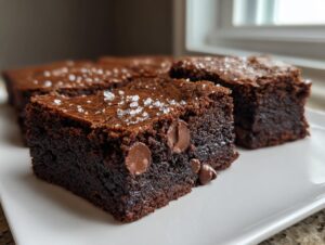Close-up of fudgy sweet potato brownies topped with flaky sea salt and chocolate chips on a white plate.