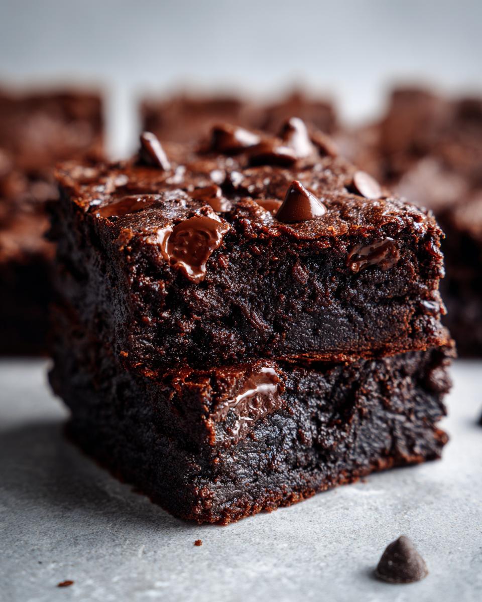 Close-up of two stacked, fudgy sweet potato brownies topped with melted chocolate chips.