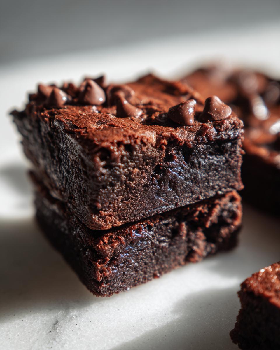 Close-up of two fudgy sweet potato brownies stacked, topped with chocolate chips.