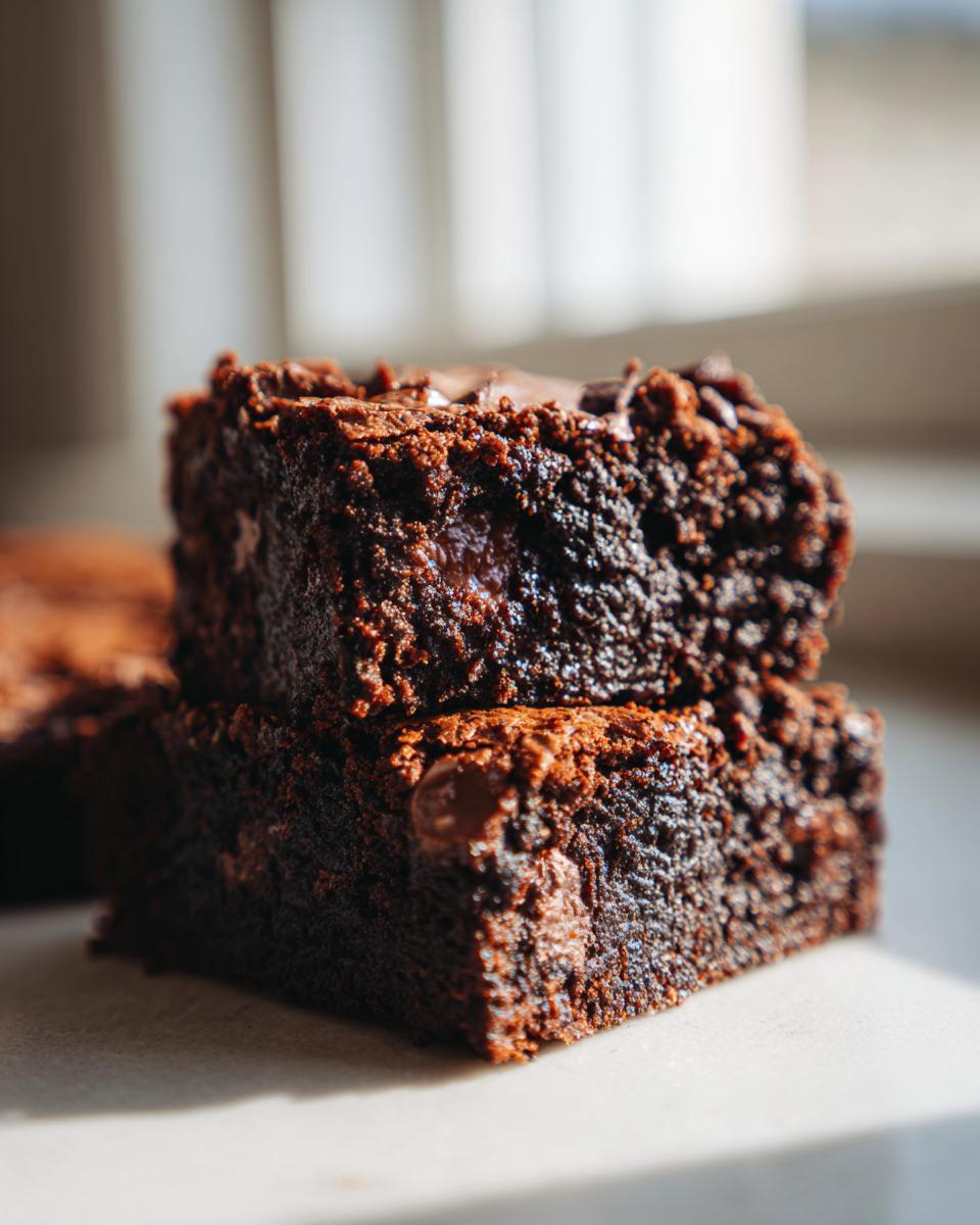 Close-up of two fudgy sweet potato brownies stacked on top of each other, rich in chocolate.