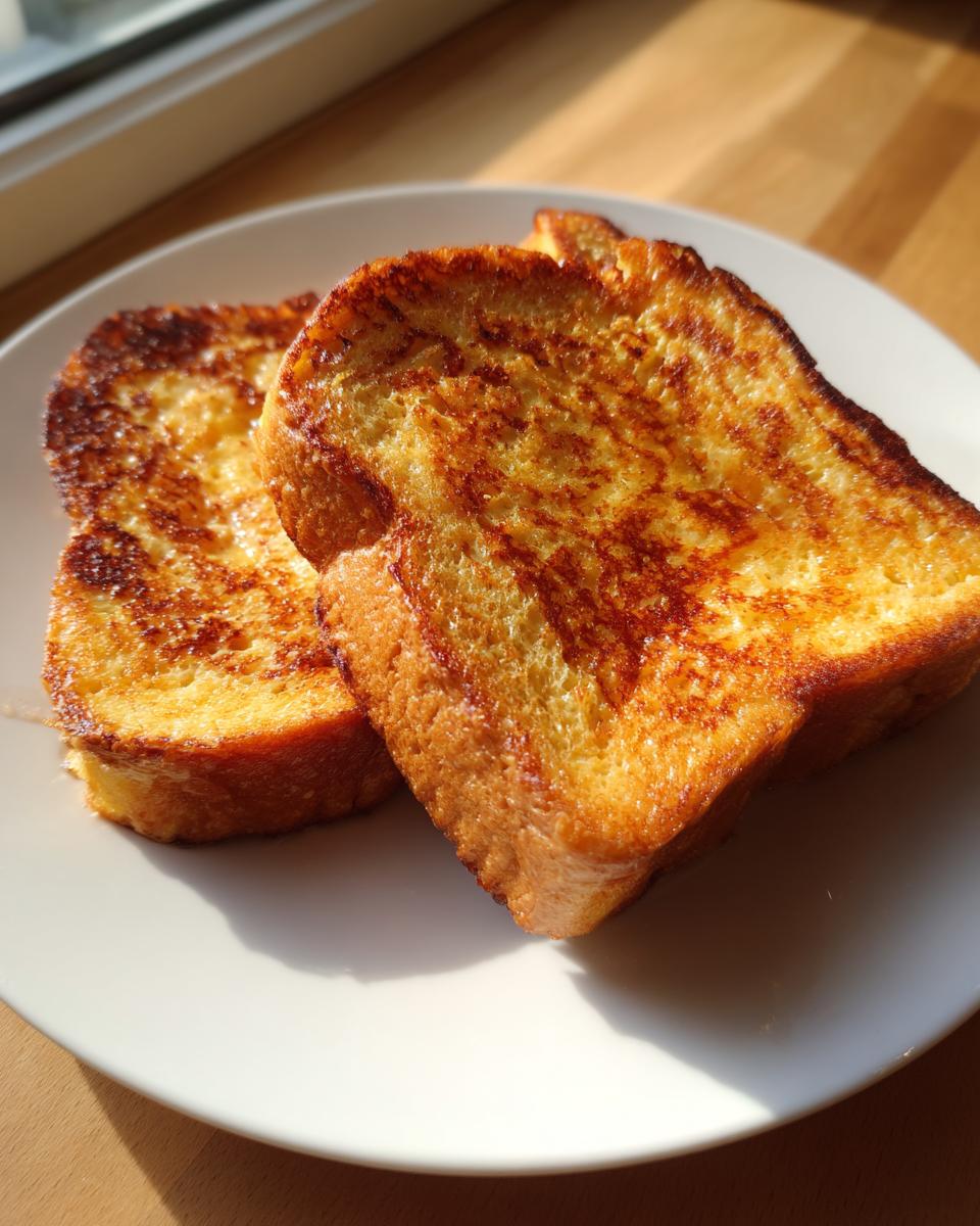 Two golden brown slices of easy french toast resting on a white plate, highlighted by sunlight.