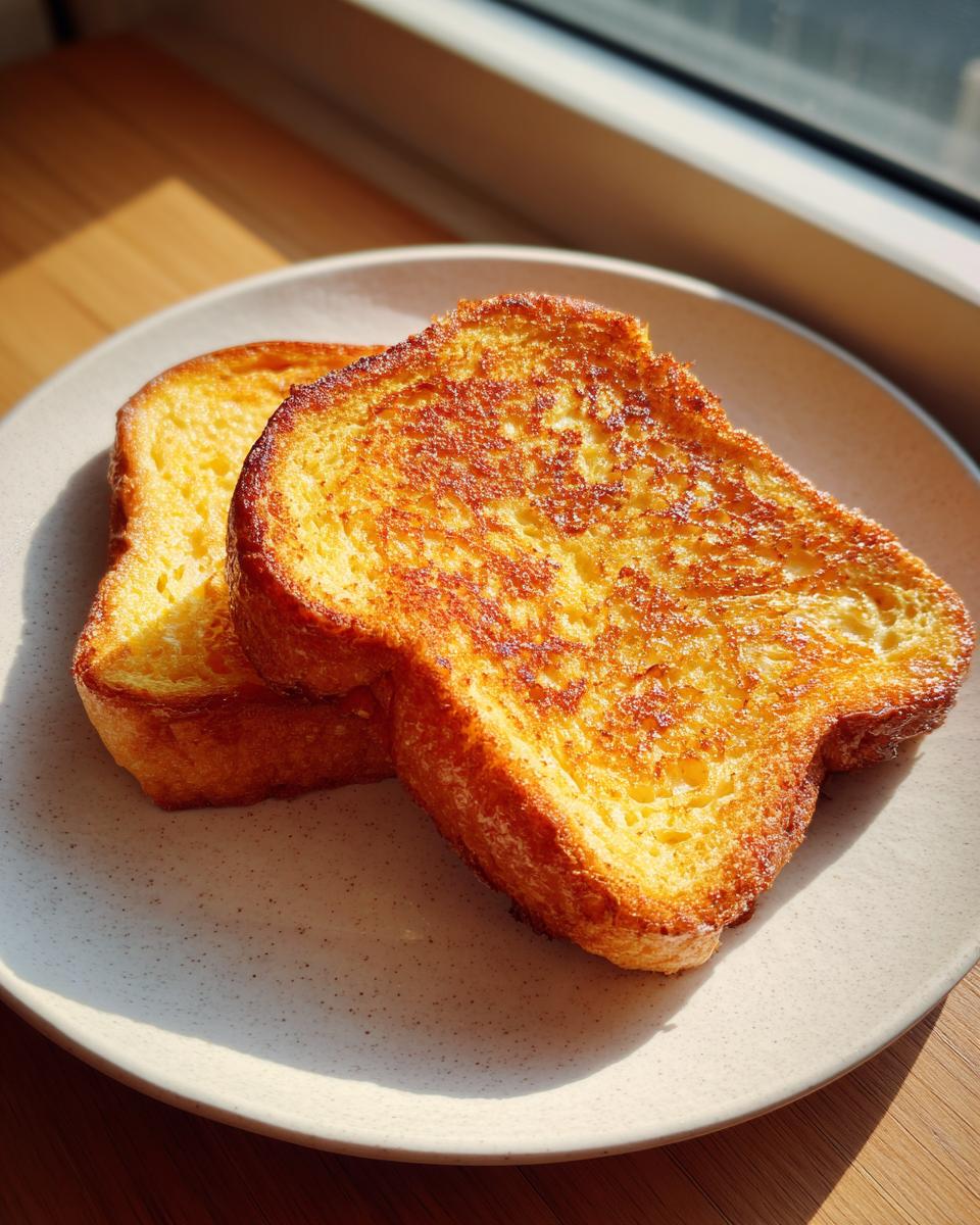 Two golden brown slices of perfectly cooked easy french toast resting on a light speckled plate.