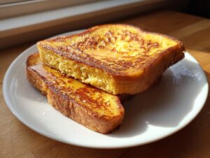 Two thick slices of golden brown easy french toast stacked on a white plate, drizzled with syrup.