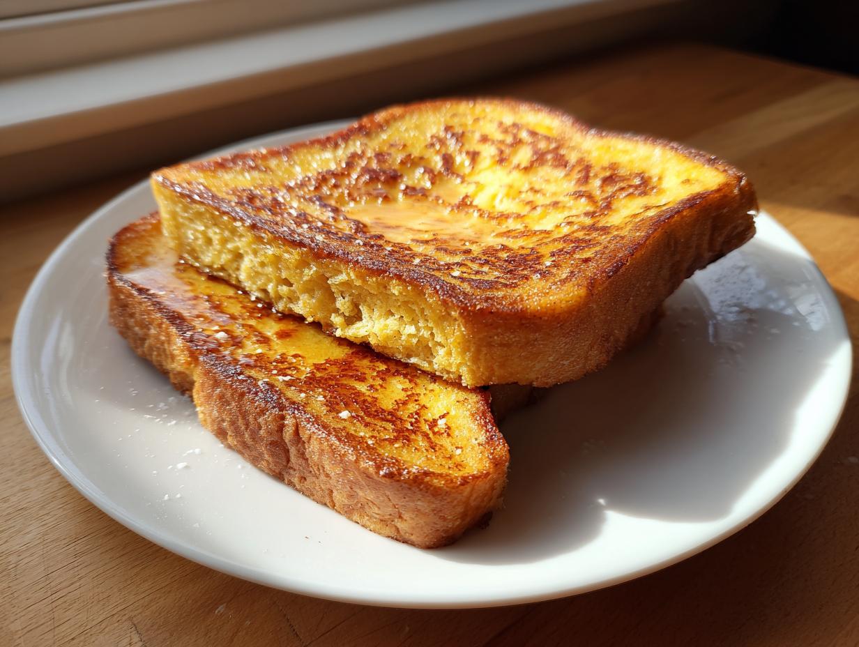 Two thick slices of golden brown easy french toast stacked on a white plate, drizzled with syrup.