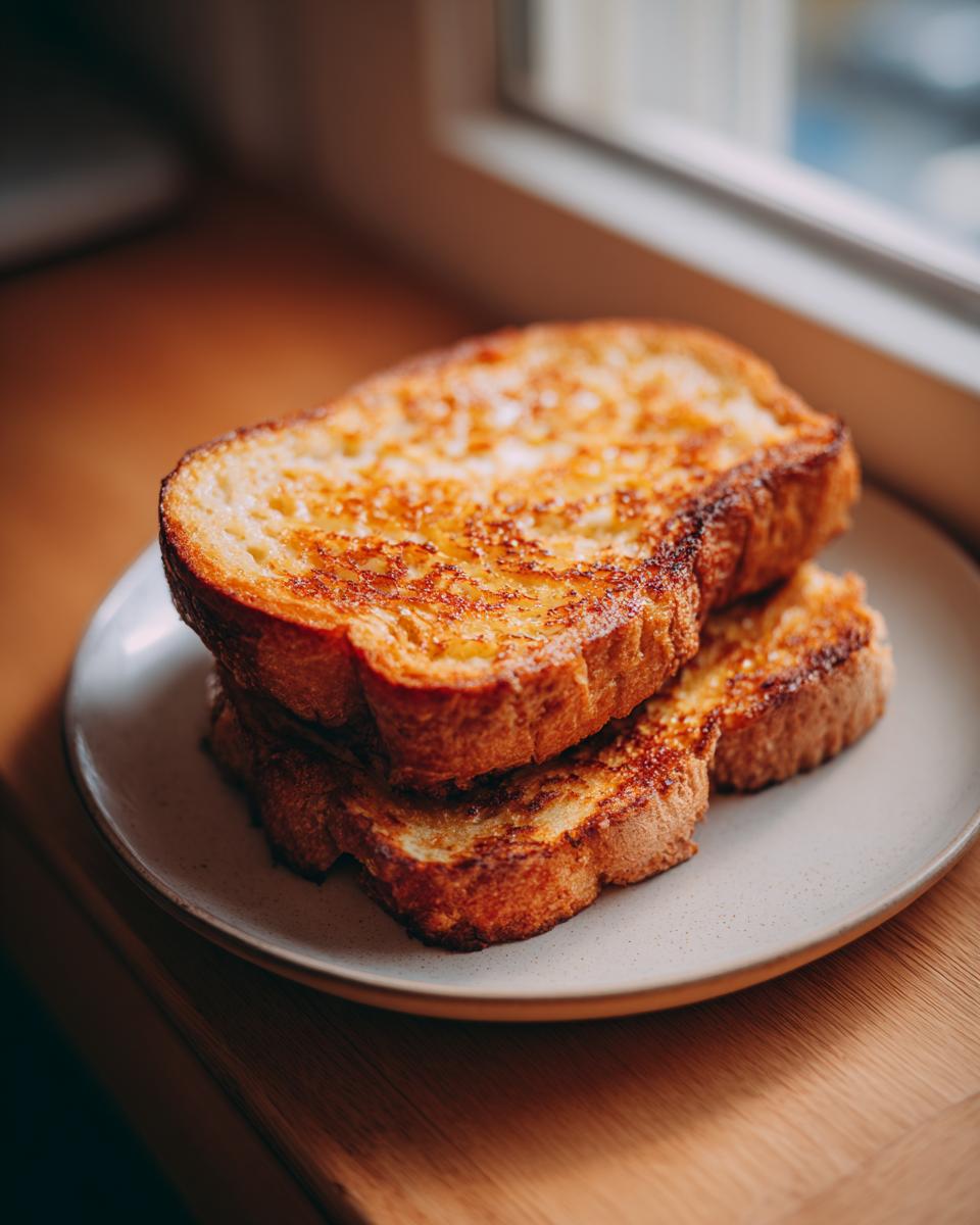 A stack of three golden brown slices of easy french toast resting on a speckled plate near a window.