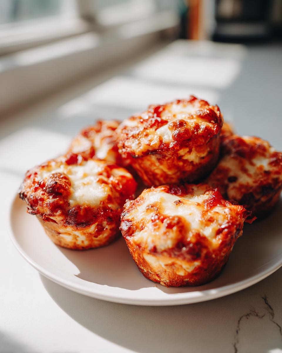 A close-up of several golden brown Pizza Muffins topped with melted, bubbly cheese and tomato sauce, served on a light plate.