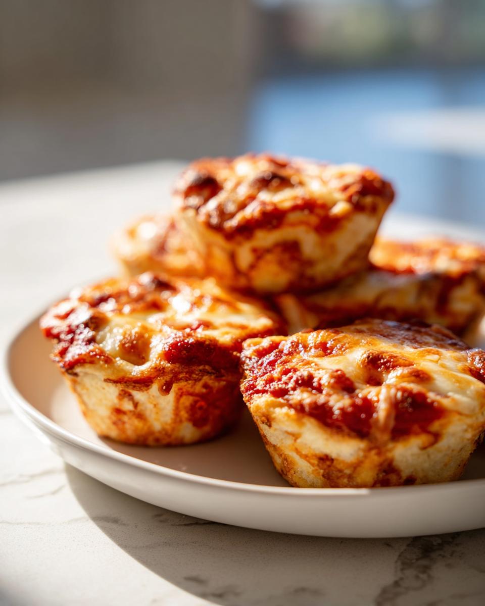 Close-up of several golden brown Pizza Muffins stacked on a white plate, showing melted cheese and tomato sauce.