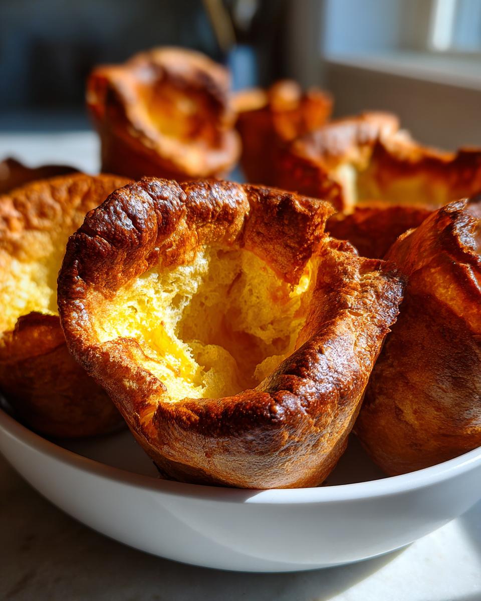 Close-up of several golden brown, well-risen yorkshire pudding puffs served in a white bowl.