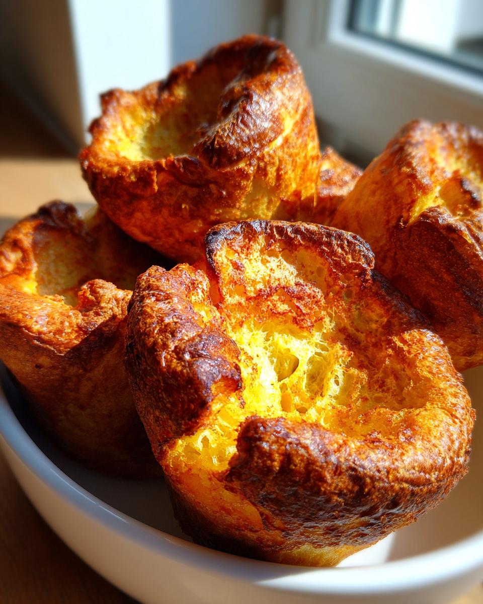 A close-up of several golden brown, puffed yorkshire pudding specimens piled high in a white bowl.
