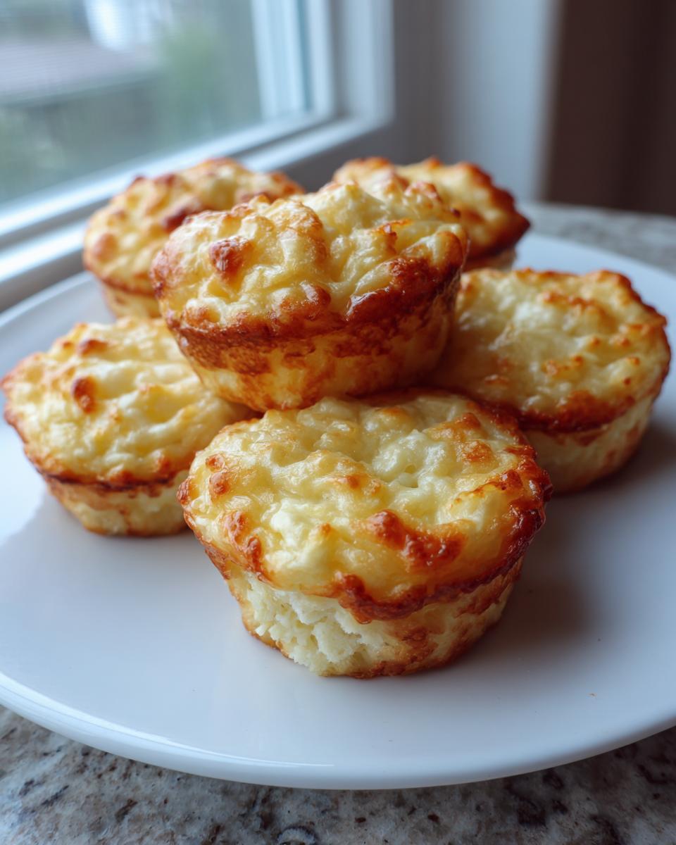 A stack of freshly baked, golden brown high protein egg bites with a cheesy top, resting on a white plate.