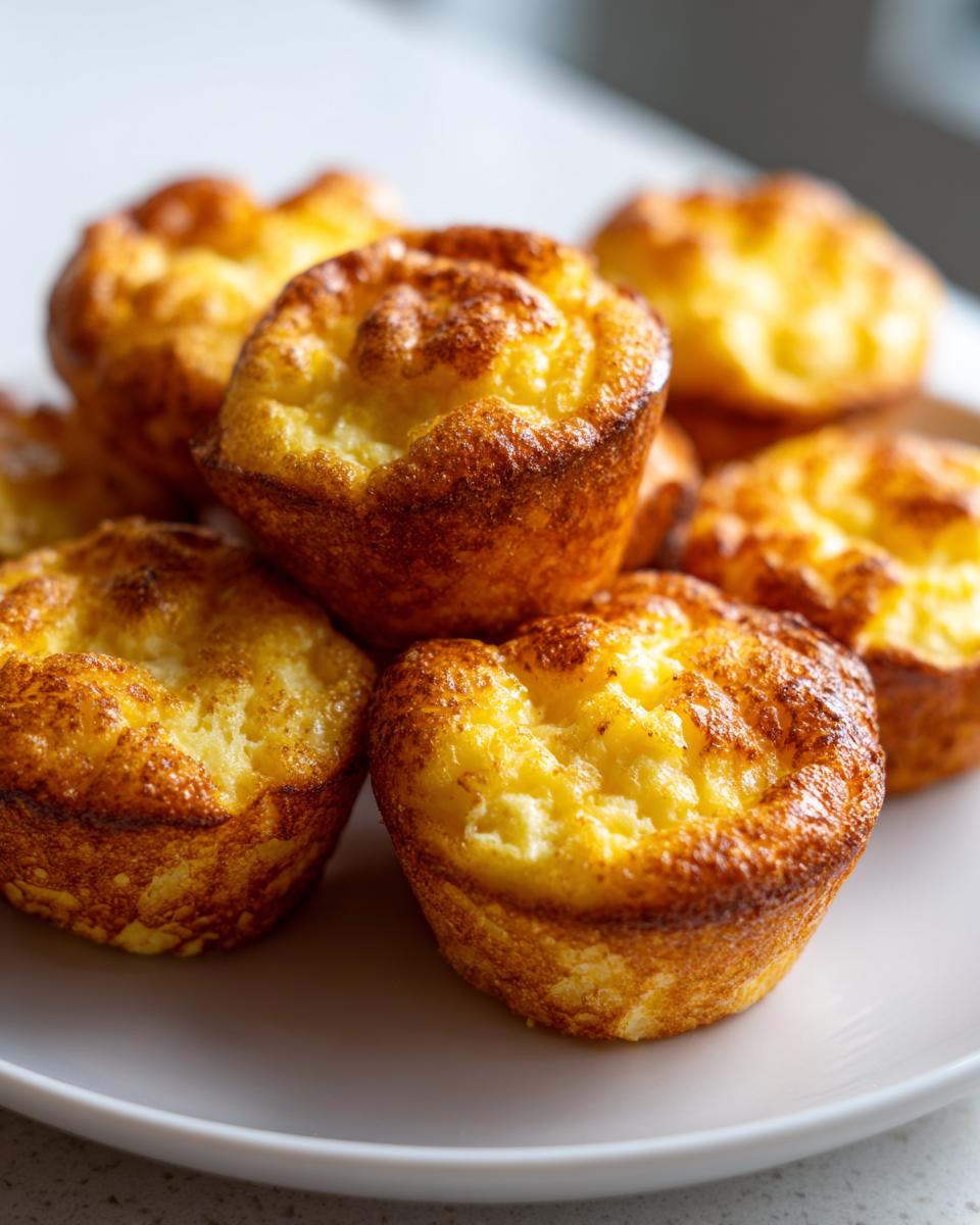 A close-up of several golden brown, fluffy high protein egg bites stacked on a light-colored plate.