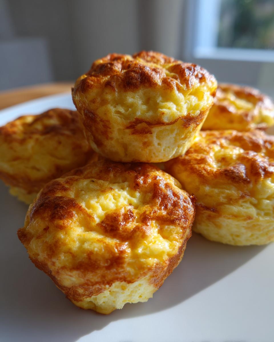 A close-up stack of fluffy, golden brown high protein egg bites fresh from the oven.