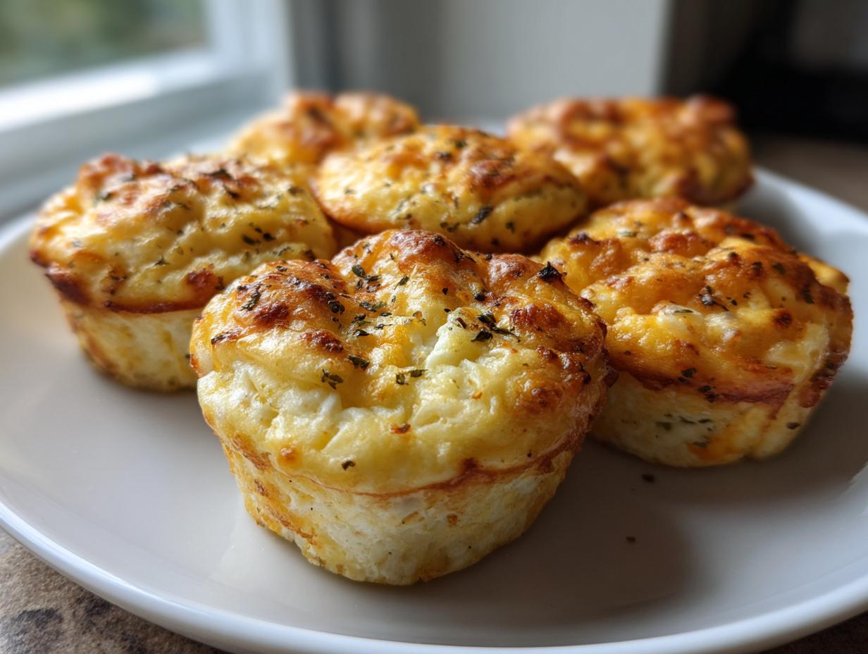 A close-up of several fluffy, golden brown high protein egg bites sprinkled with dried herbs on a white plate.