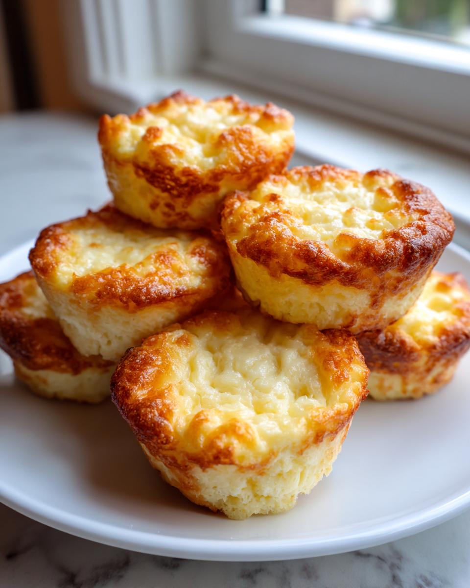 A stack of six golden-brown, fluffy high protein egg bites served on a white plate.