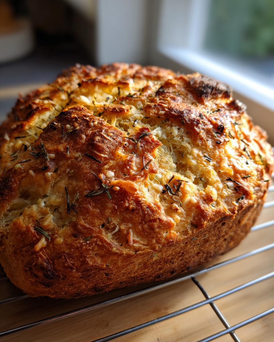 A freshly baked loaf of Italian herb and cheese bread with a golden, crusted top sprinkled with herbs and melted cheese.