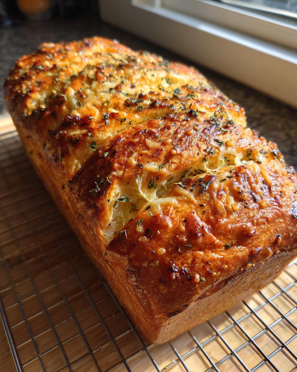 A freshly baked loaf of golden Italian herb and cheese bread resting on a wire cooling rack.