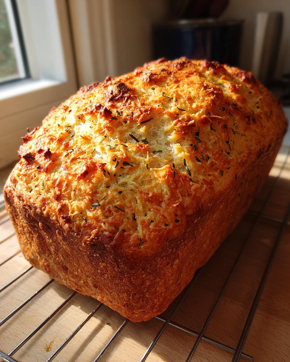 A freshly baked loaf of Italian herb and cheese bread with a golden, cheesy, herbed crust cooling on a wire rack.