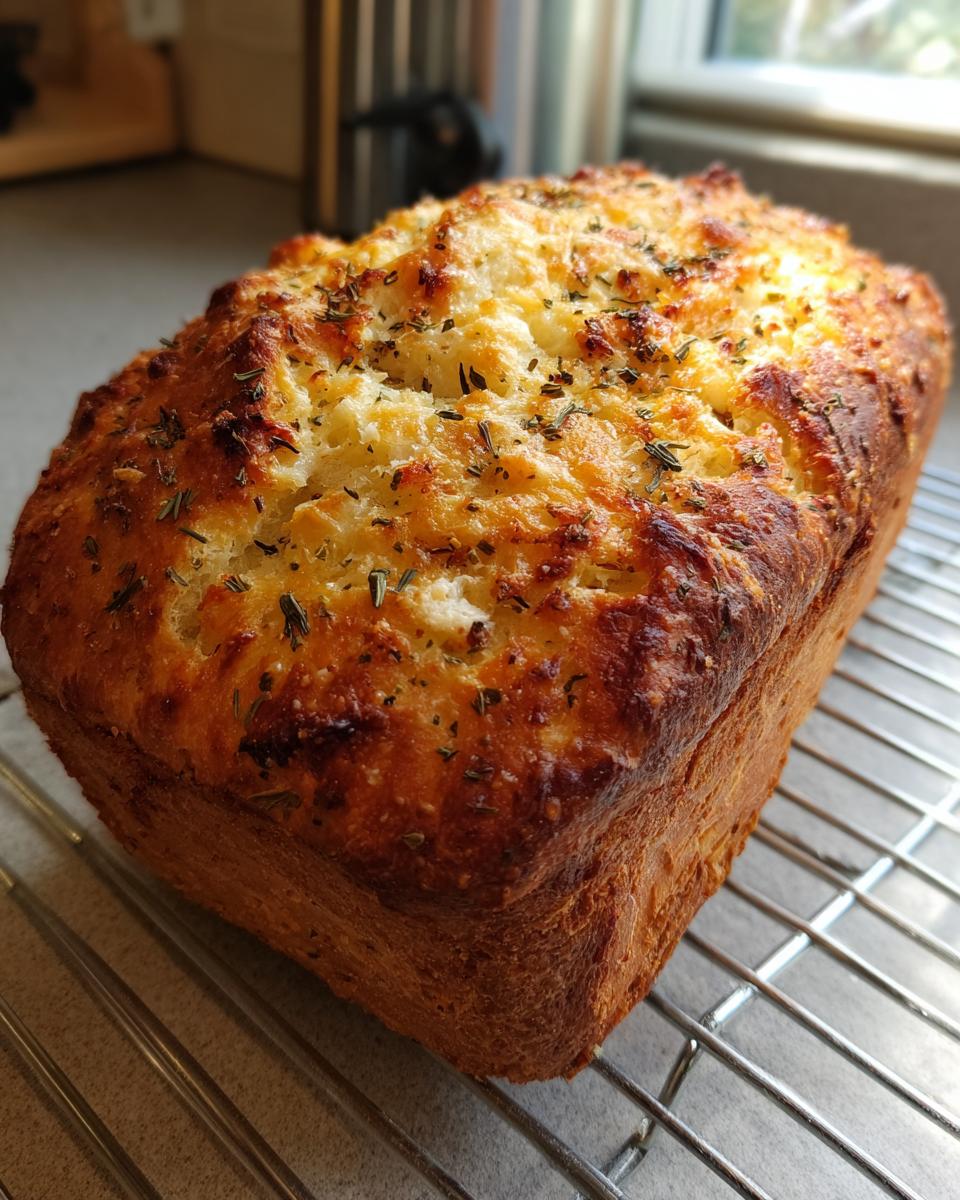 A golden-brown loaf of Italian herb and cheese bread cooling on a wire rack.