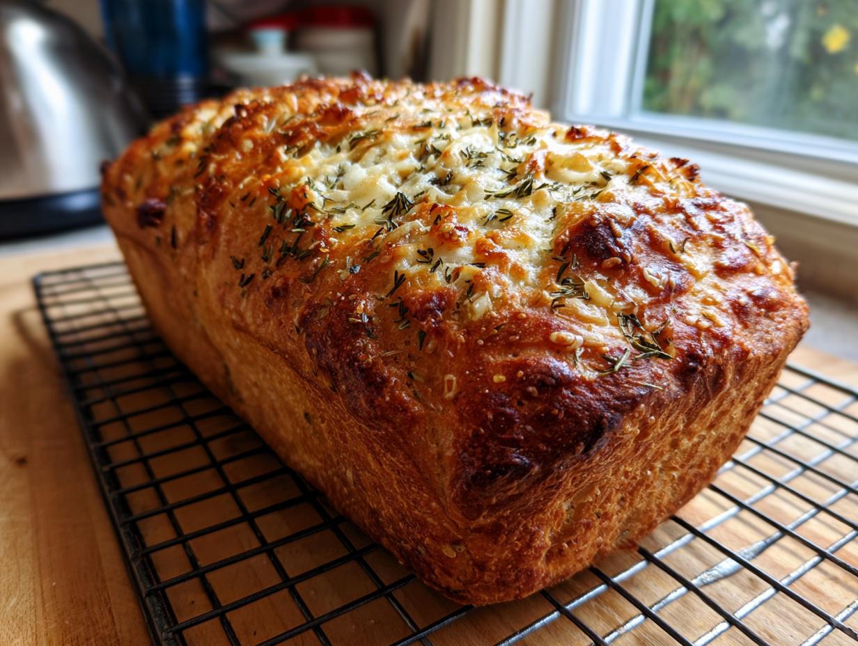 A golden-brown loaf of Italian herb and cheese bread cooling on a wire rack near a window.