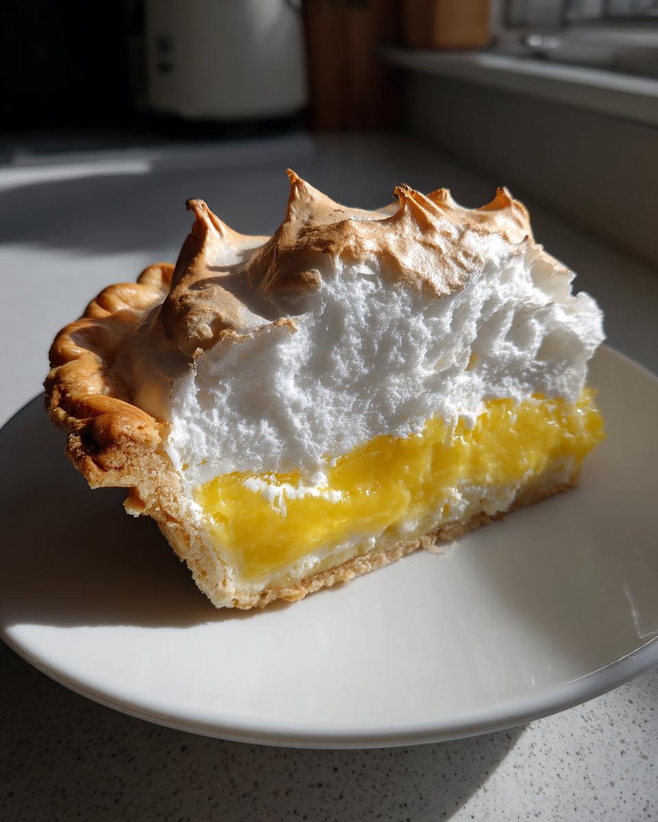 A close-up slice of lemon meringue pie showing bright yellow curd, white meringue peaks, and a golden crust.