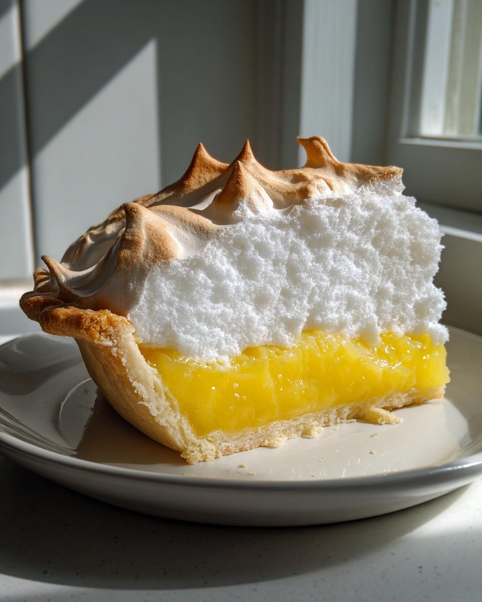 A tall slice of lemon meringue pie showing bright yellow filling and fluffy, toasted meringue peaks.
