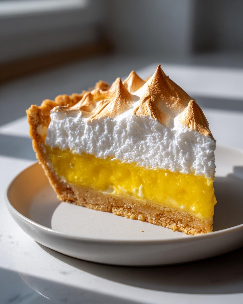 A beautiful slice of lemon meringue pie showing distinct layers of crust, bright yellow filling, and perfectly toasted meringue peaks.