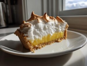 A close-up slice of lemon meringue pie showing the thick, bright yellow curd and tall, toasted meringue topping.