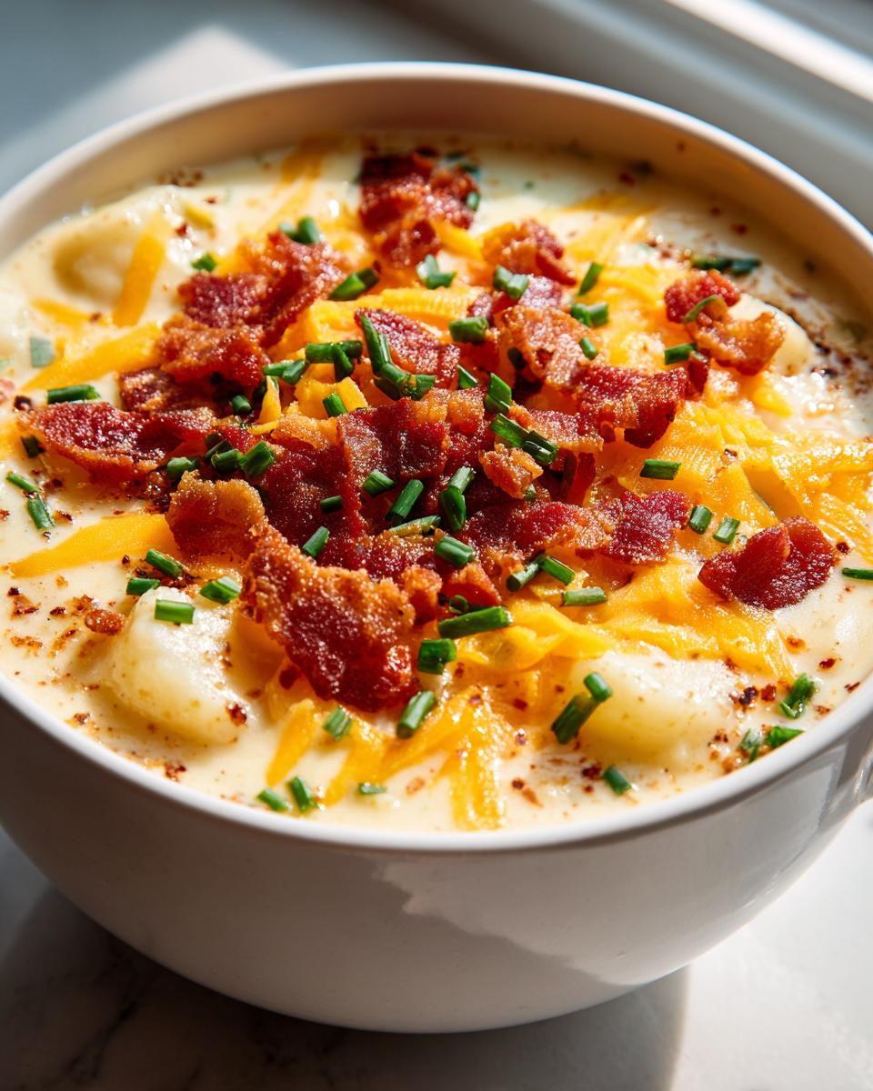 Close-up of a creamy bowl of potato soup recipe topped generously with shredded cheddar cheese, crispy bacon bits, and fresh chives.