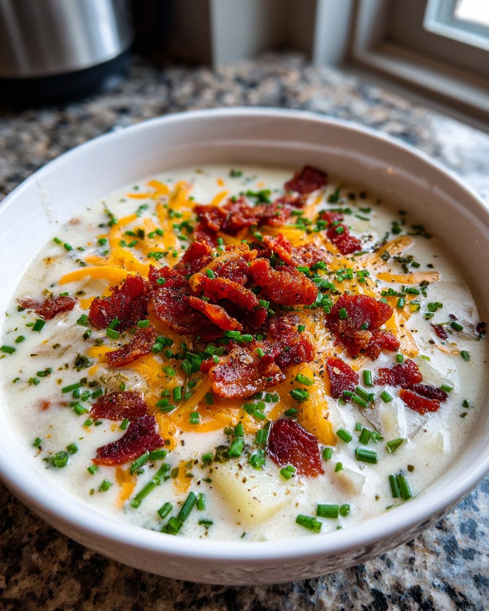A close-up of a creamy bowl of potato soup recipe topped generously with shredded cheddar, crispy bacon, and fresh chives.
