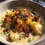 A creamy bowl of loaded potato soup recipe, topped generously with shredded cheddar cheese, crispy bacon bits, and fresh chives.