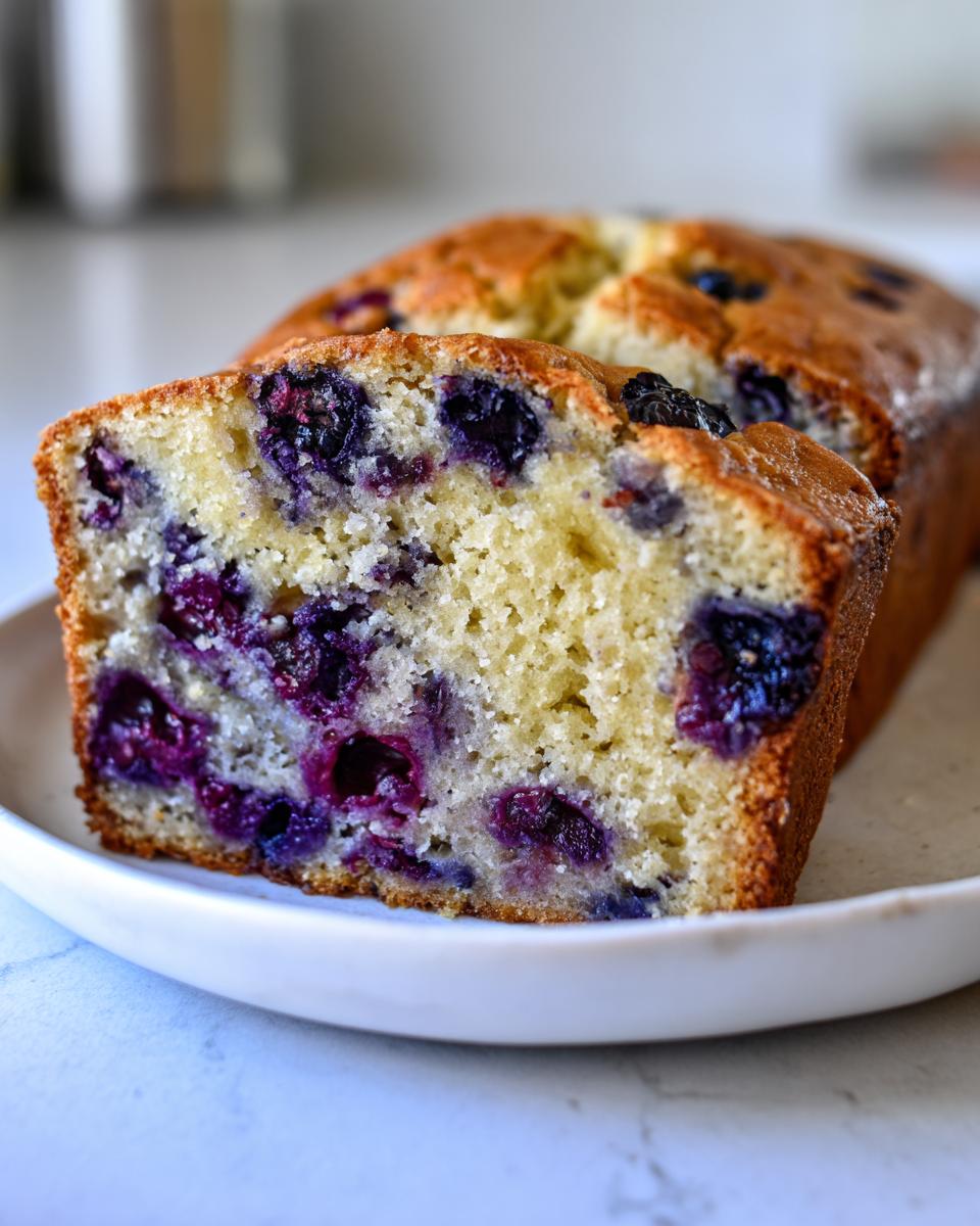 Close-up of a thick slice of moist blueberry banana bread showing vibrant purple blueberries baked into the light yellow crumb.