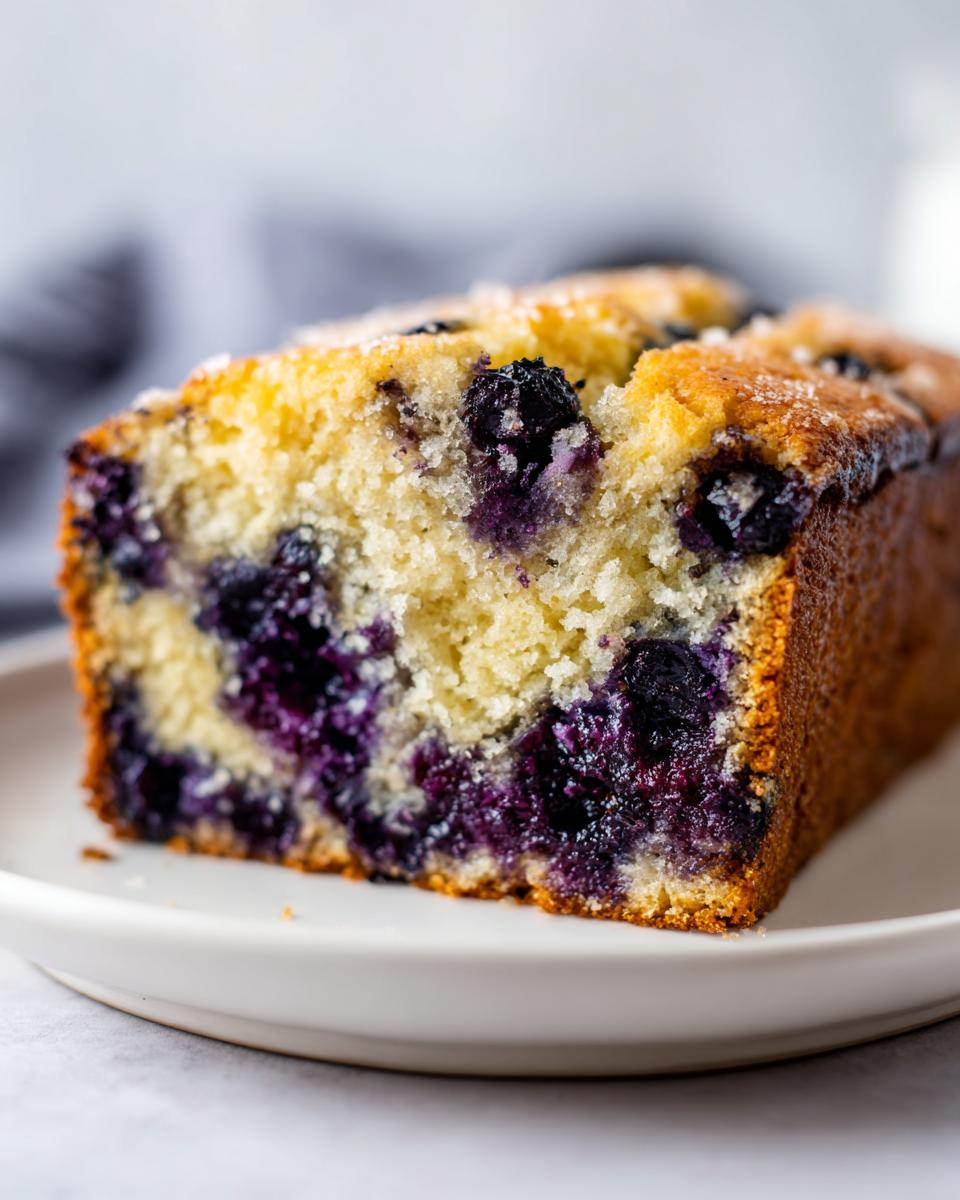 Close-up of a moist slice of blueberry banana bread showing vibrant purple blueberries baked into the golden crumb.