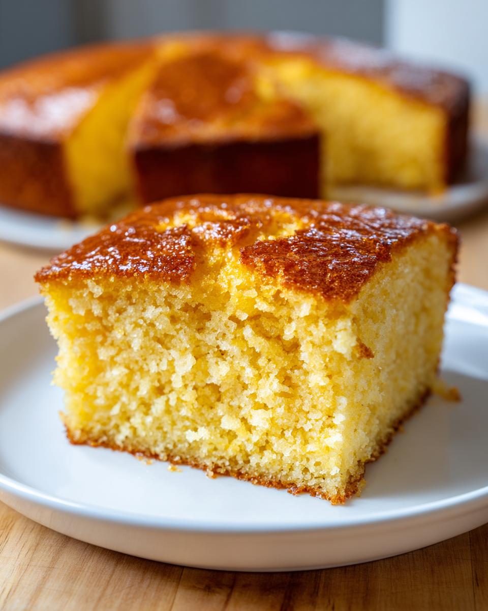 A close-up of a square slice of moist buttermilk cornbread with a golden, slightly glazed top, served on a white plate.