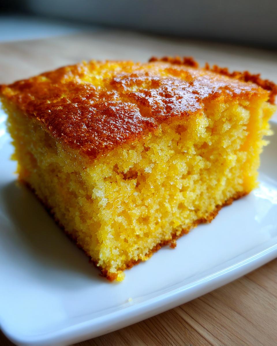 Close-up of a square slice of moist buttermilk cornbread with a golden, slightly shiny top crust, served on a white plate.