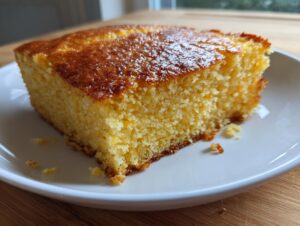 Close-up of a golden slice of super moist buttermilk cornbread on a white plate.