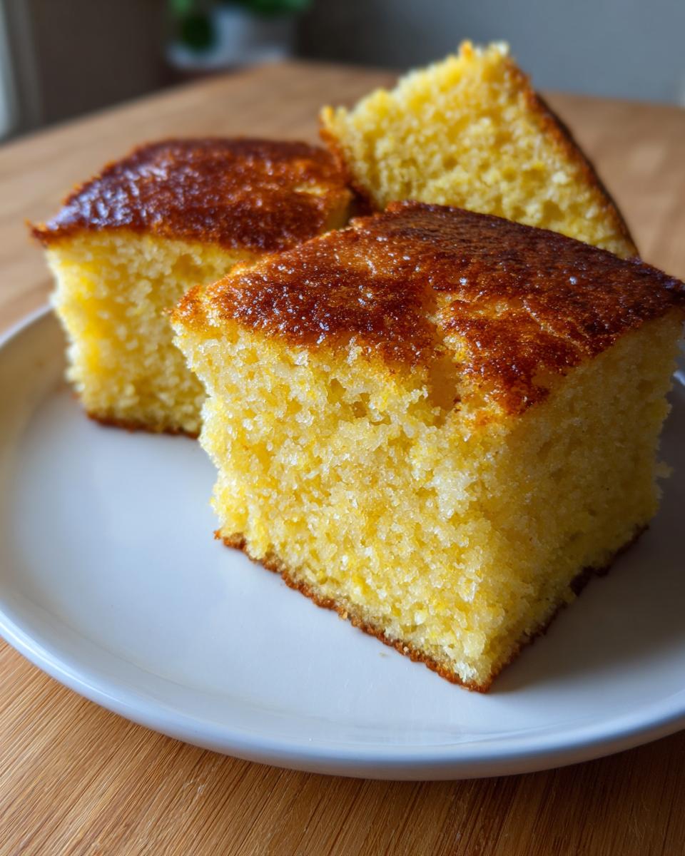 Three golden slices of moist buttermilk cornbread with a caramelized top served on a white plate.