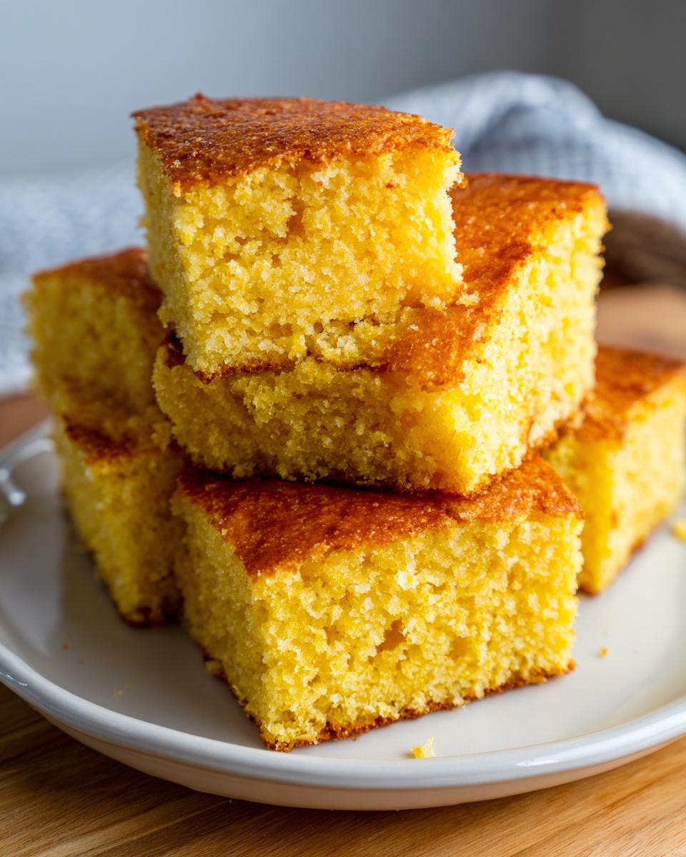 A stack of golden, moist buttermilk cornbread squares piled high on a white plate.