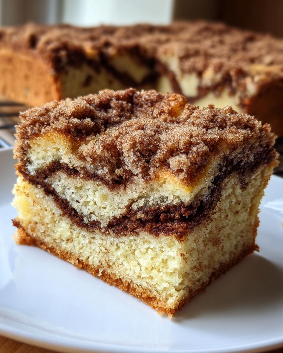 Close-up of a moist slice of coffee cake featuring a thick cinnamon swirl and crumb topping.